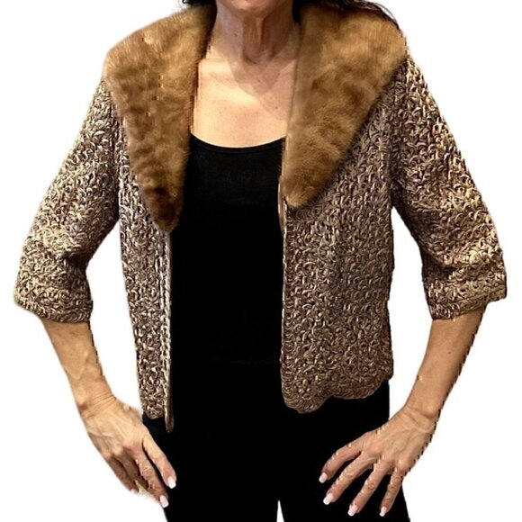 Vintage 40s 50s Pam Stewart ribbon knit crop coat chocolate brown mink collar - Picture 4 of 17